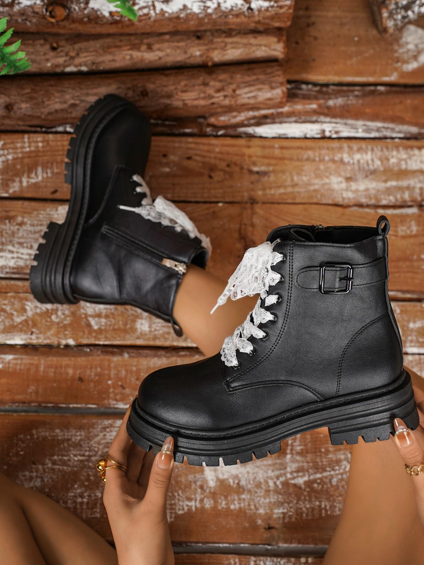 British Style Lace-Up Boots for Women, Vintage Buckle Motorcycle Boots, Slimming and Height-Increasing Short Boots, Versatile Fashion Footwear