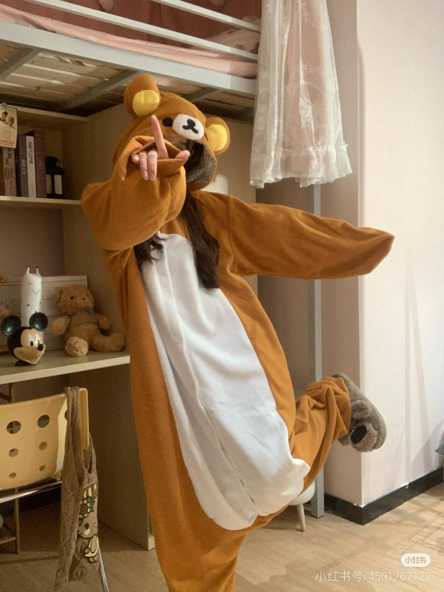 Adult Rilakkuma Kigurumi Bear Sister Onesie - Baggy Longsleeves Loose Polyester Anime Pajama, Oversized Cartoon Jumpsuit Nightwear & Loungewear