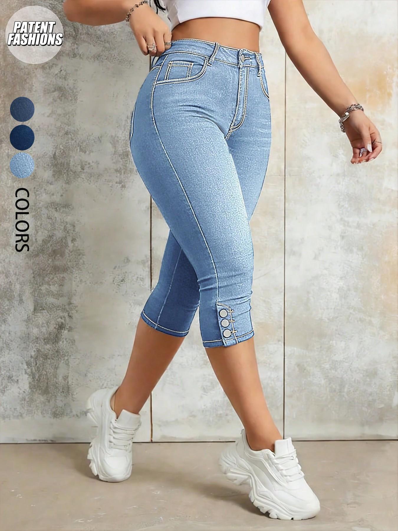 Women's Elastic Slim Fit Denim Capri Jeans, Button Fly Detail, Functional Pockets, Butt Lifting, Casual Daily Wear, Everyday, All Seasons Women's Elastic Slim Fit Denim Capri Jeans, Button Fly Detail, Functional Pockets, Butt Lifting, Casual Daily Wear, Everyday, All Seasons