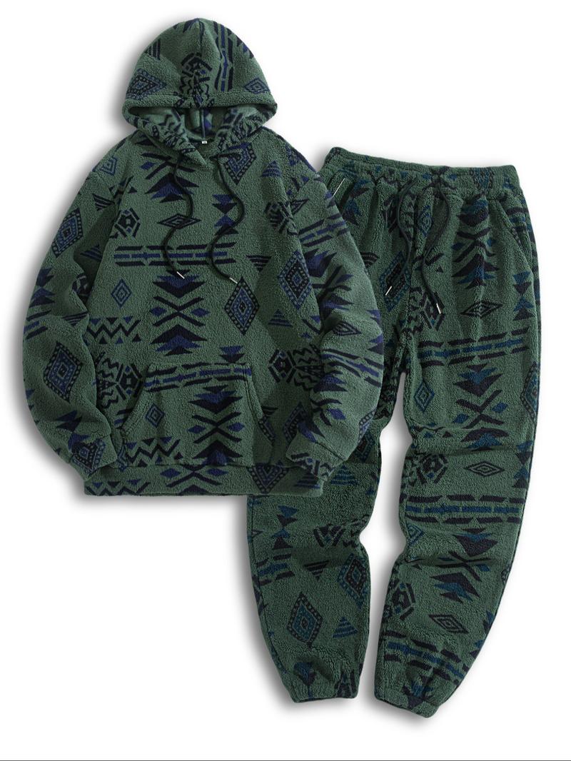 Men's Fall Winter Fleece Printed Hoodie Sweatshirt Set, Sporty Long Pants, Couple Matching Clothing, Casual Fashion