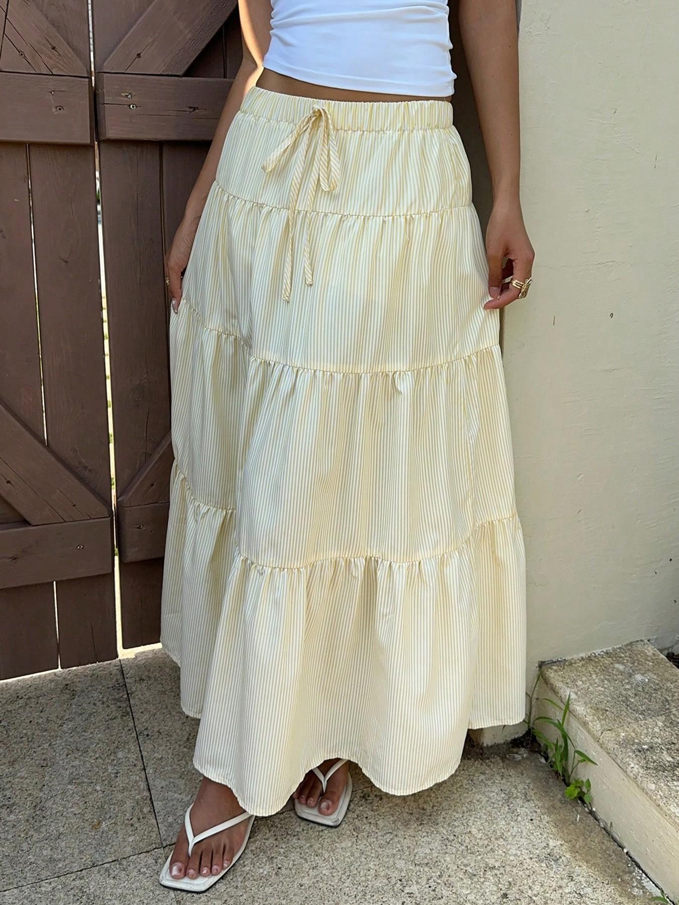 1 Piece Tie Drawstring Adjustable Elastic High Waist Tiered Multi Layer Spliced Ruffle Vertical Striped Loose Full Flowy Long Maxi Skirt, Boho Casual Fashionable Skirt