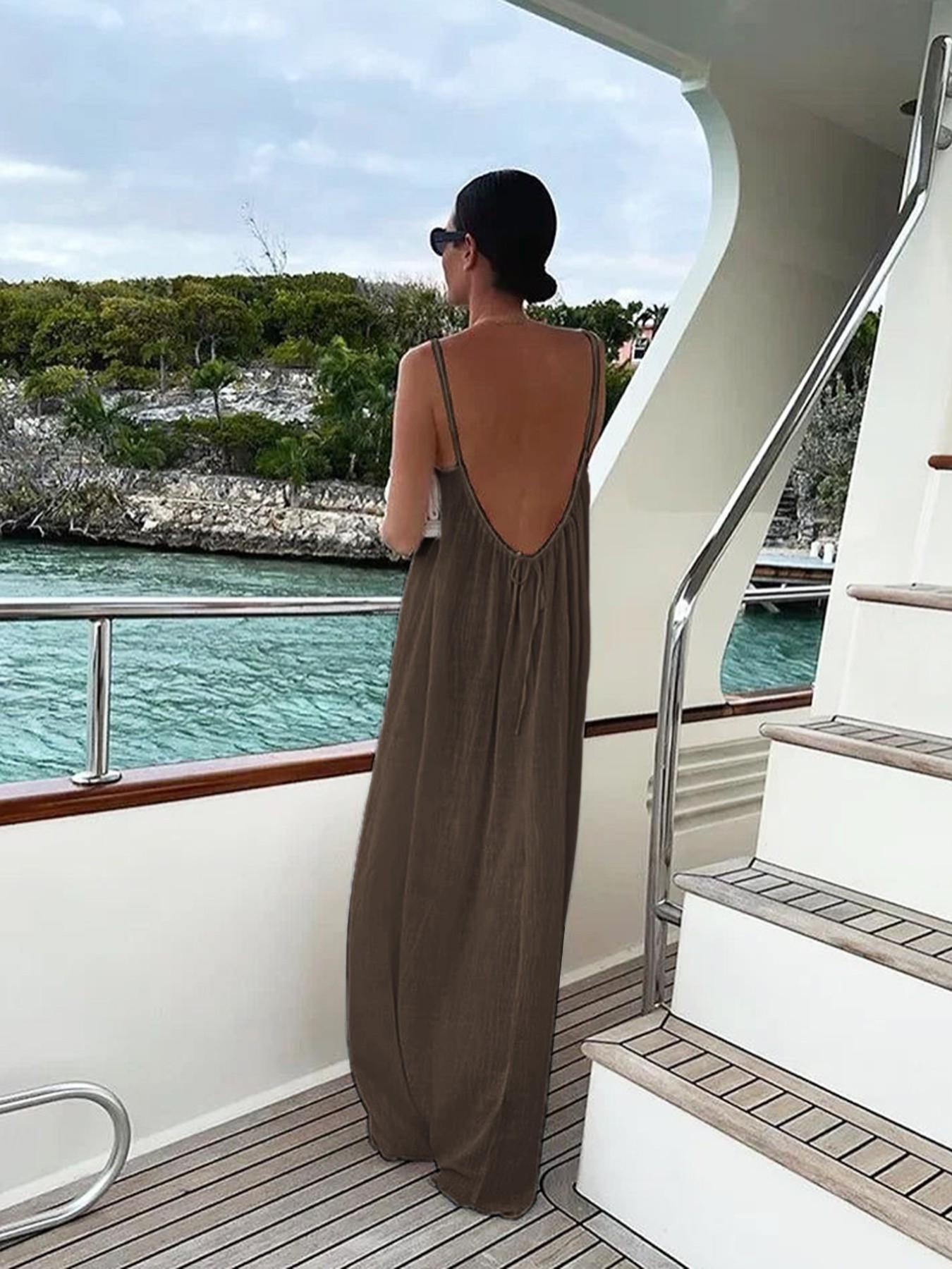 Pure Color Backless Strap Loose Fit Maxi Long Dress, Casual Sleeveless Plain Design, Perfect for Vacation Style, Women's Fashion