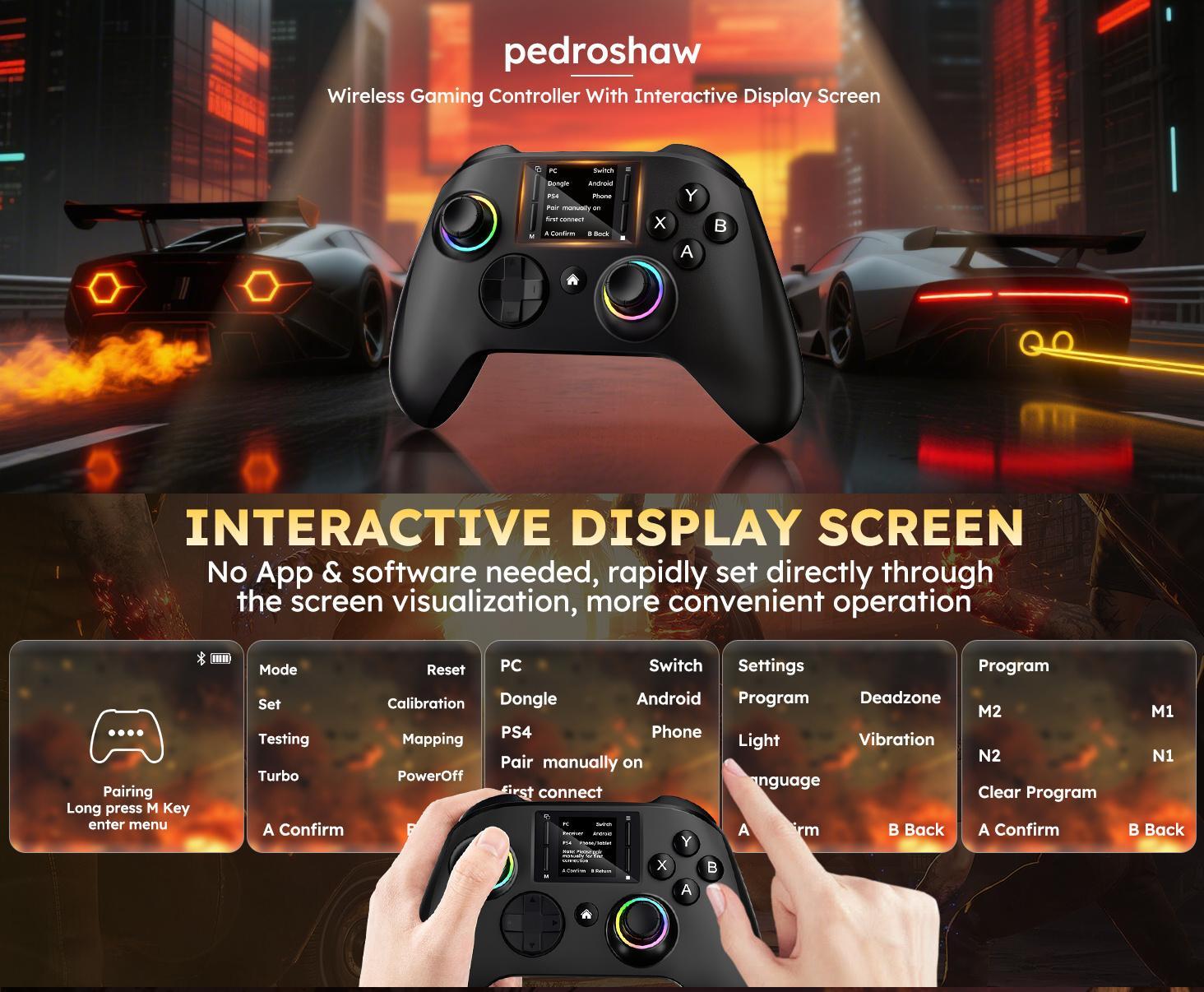 LASTEND Gaming Controller with Visual Display Screen, 1000mAh Battery, Hall Effect Anti-Drift Joysticks, 4 Back Buttons, Turbo Mode, RGB Lighting, Dual Vibration & Gyro, Compatible with PC/PS4/Switch/iOS/Android, No App Needed