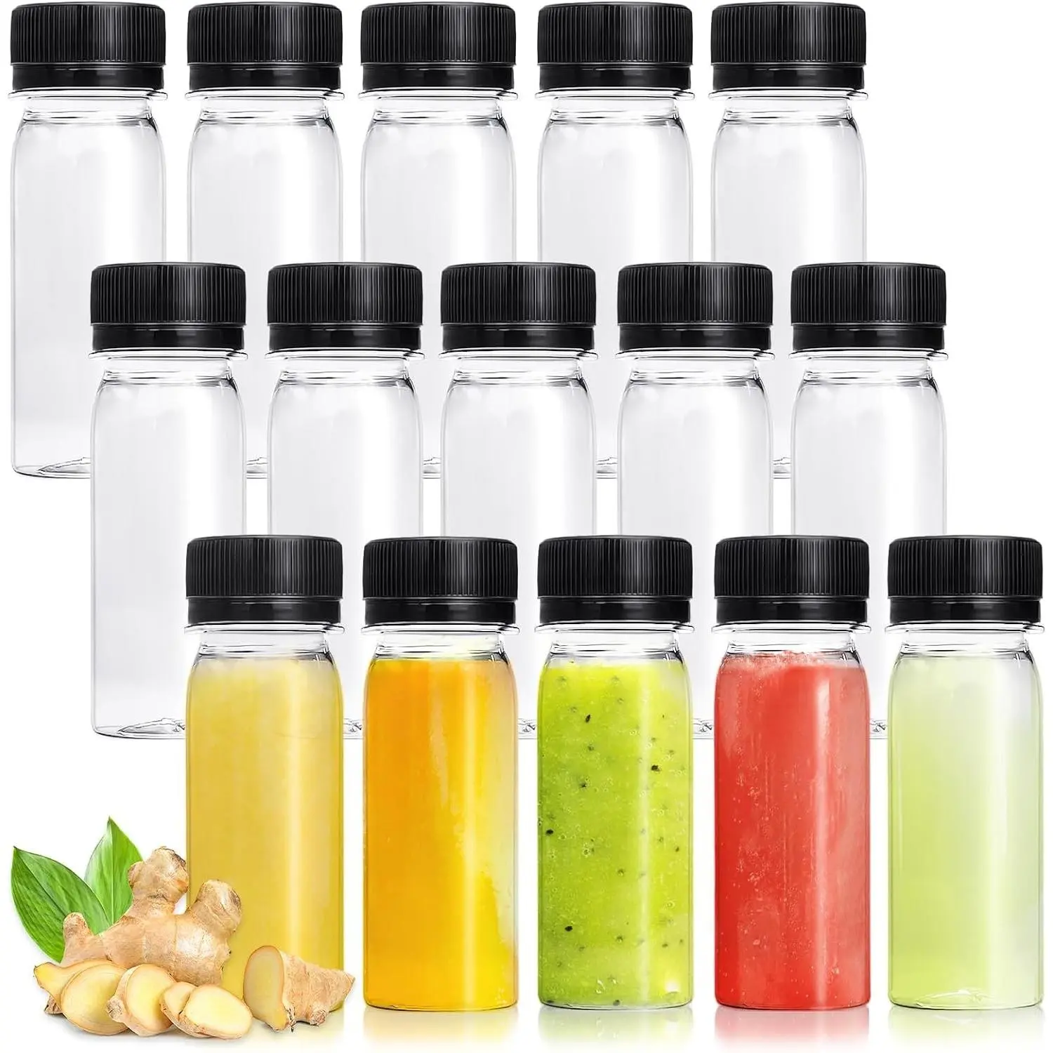 2 oz Plastic Bottles Leakproof Reusable Food Grade 30-Pack PET Containers with Black Lids, Bulk Boxed Set for Ginger Shots, Juice & Essential Oils