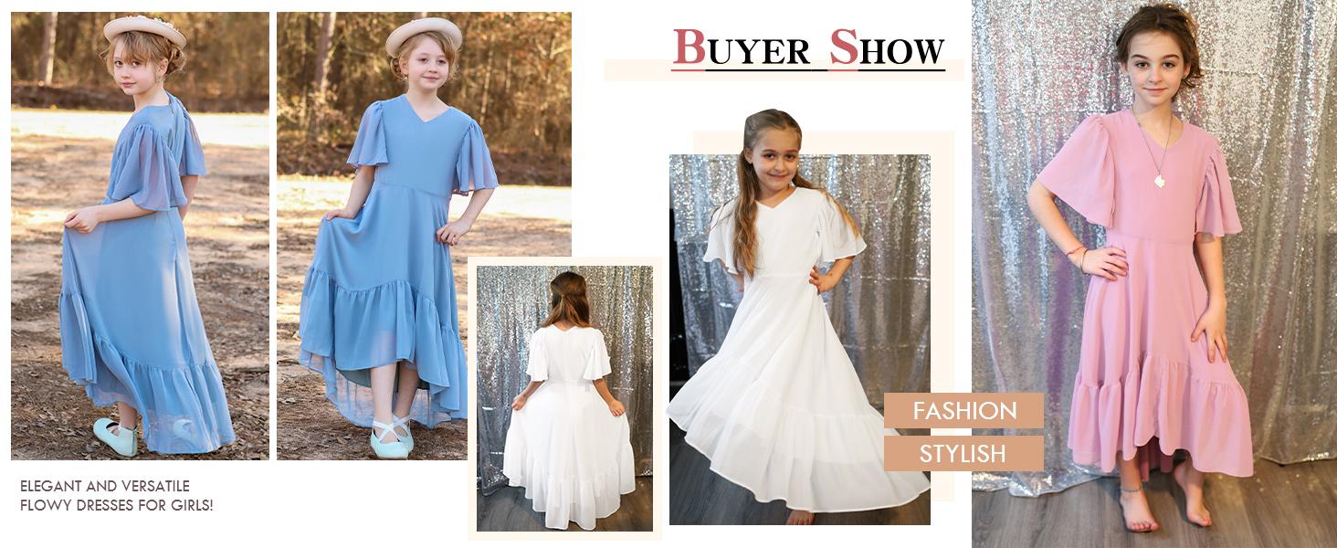 Haloumoning Girls Ruffle Dresses Short Sleeve Junior Bridesmaid Party Dress | Casual, A Line, V Neck, Flowy, High Low, Formal, Maxi Long Dress for Girls