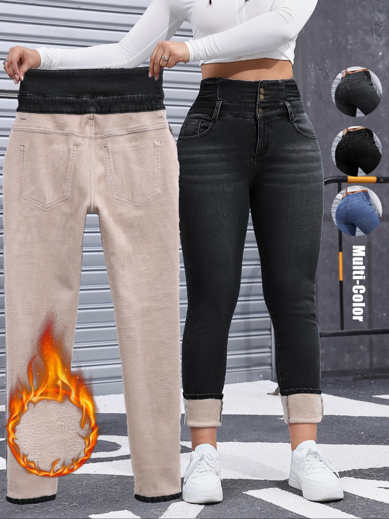 Amoyer Women's High Elasticity Fleece Lined Thick Denim Jeans, Fall & Winter Fashion, Comfortable Slimming Jeans, Elegant Style