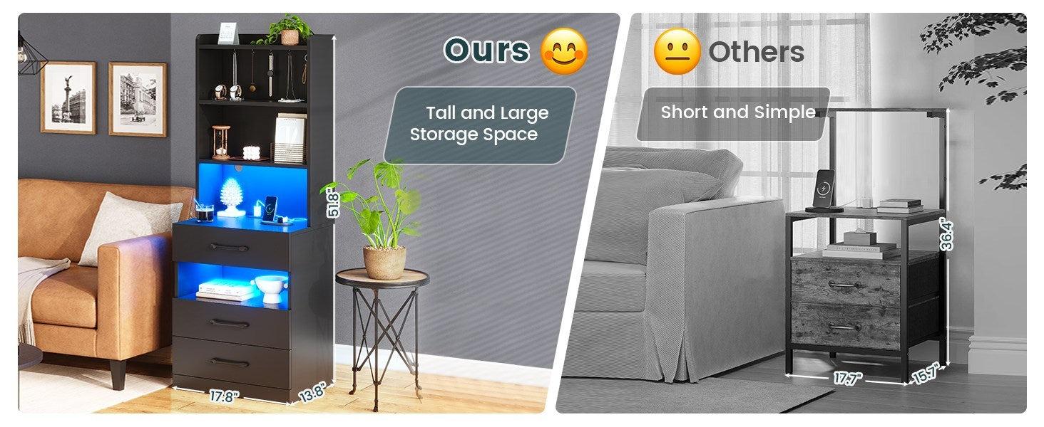 Sikaic  LED Tall Nightstand with Charging Station 3 Drawers And Bookshelf Adjustable Table