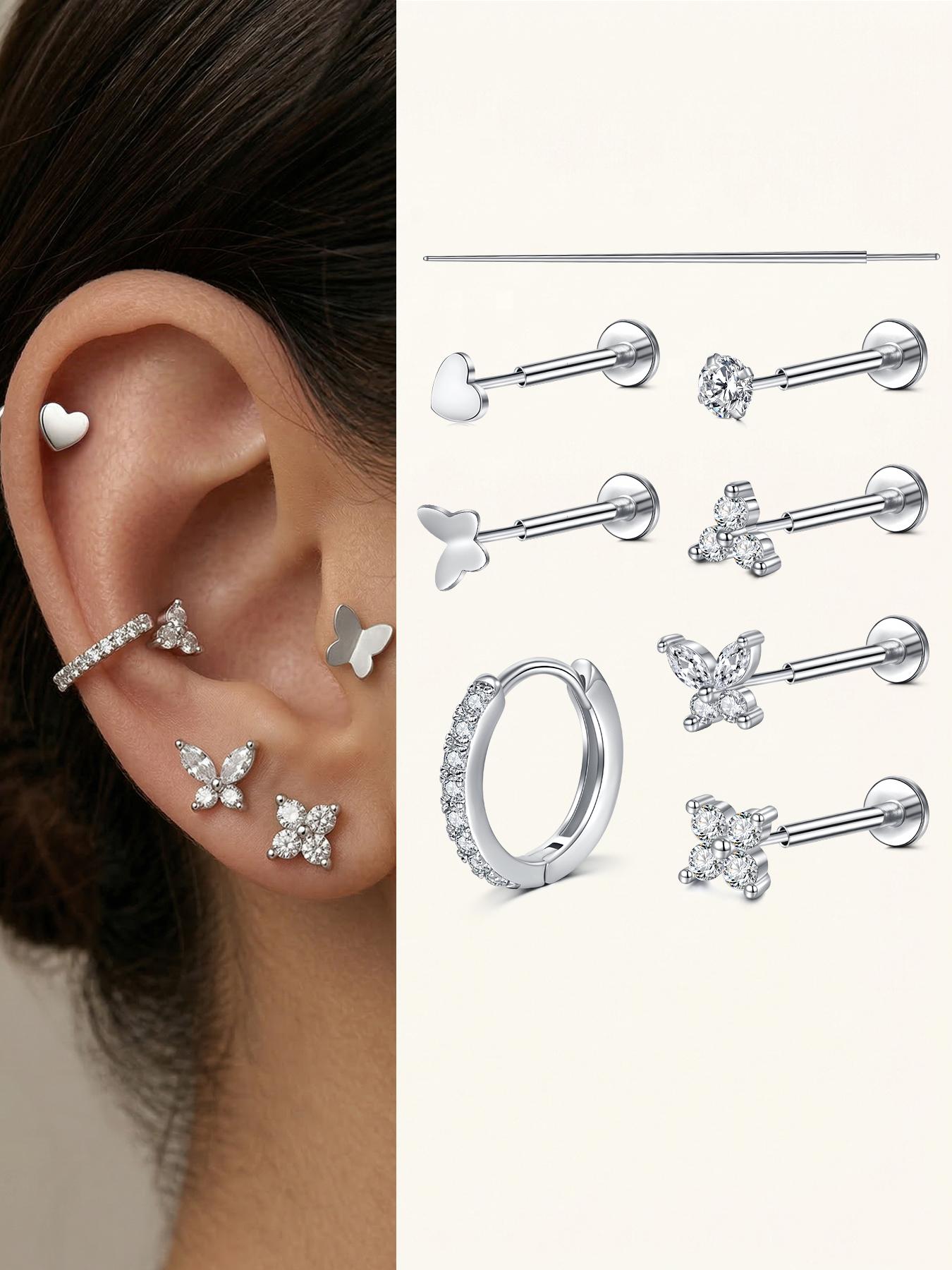 20G Flat Back Earrings for Women Threadless Butterfly Stud 316L Surgical Steel Stud Hoop Earrings Push in Nose Studs Hypoallergenic Cartilage Earring Stacks Labret Helix Tragus Conch Piercing Jewelry