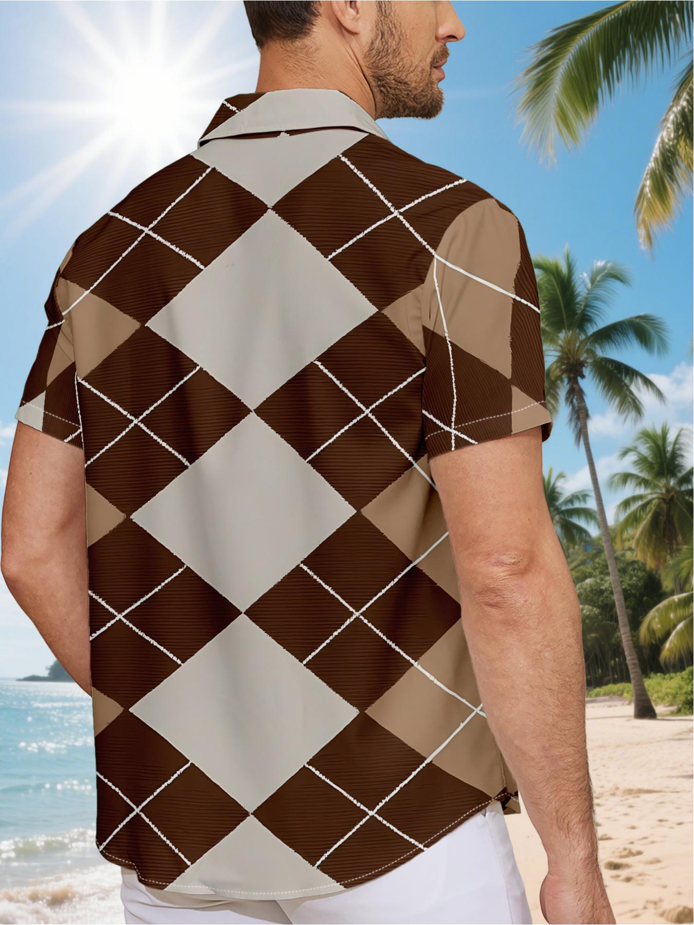 Men's Short-Sleeve Shirt - Flat Digital Print Pattern - No Texture - Diamond Check Pattern in Brown, Beige, and White, Fashionable and Simple Short Sleeve, Buttoned, Casual Collared Shirt, Stylish and Versatile, Suitable for Dates, Beach Vacations, a Perf