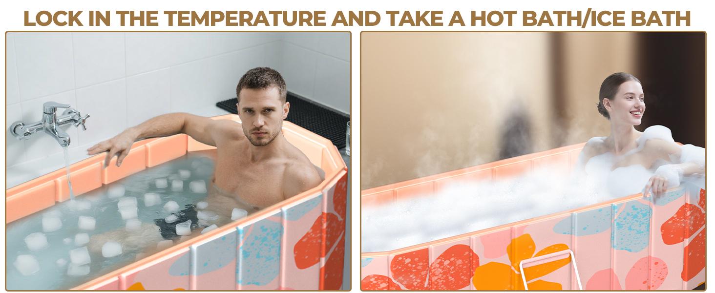 Portable Insulated Bathtub for Adults, Extra-Large Ice Bath Tub for Athletes with 5-Layer Thermal Structure, No-Inflation Folding Bathtub with Cover, Baths at Home & Outdoor, Fast Drain (Pink)