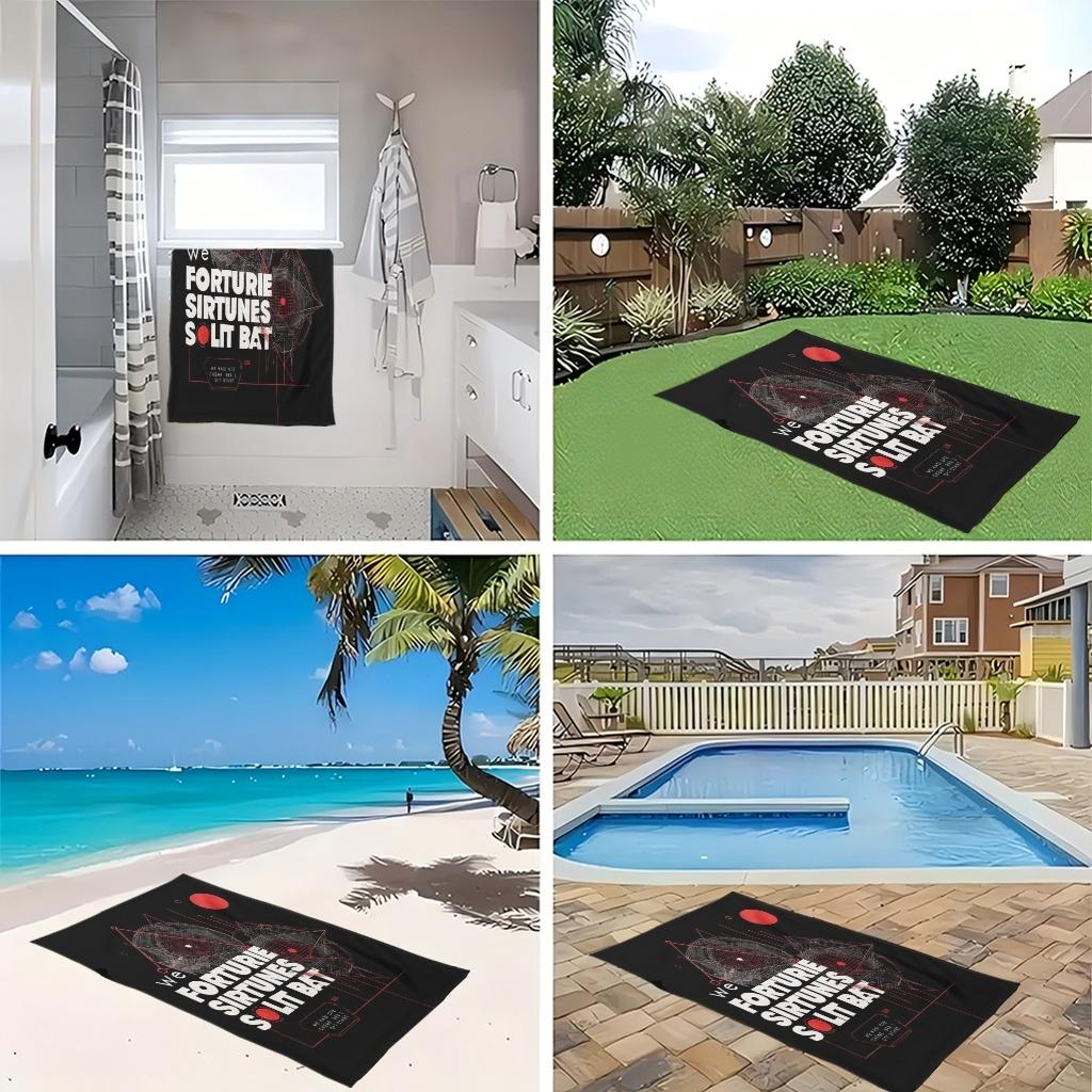 Black background with red geometric patterns and white text; beach towel/beach towel multi-functional use. Absorbent towel