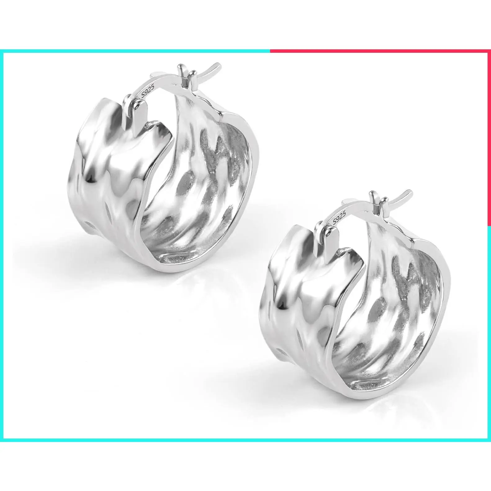Silver Hammered Small Chunky Hoop Earrings for Women - Hypoallergenic Textured Thick Wide Hoops