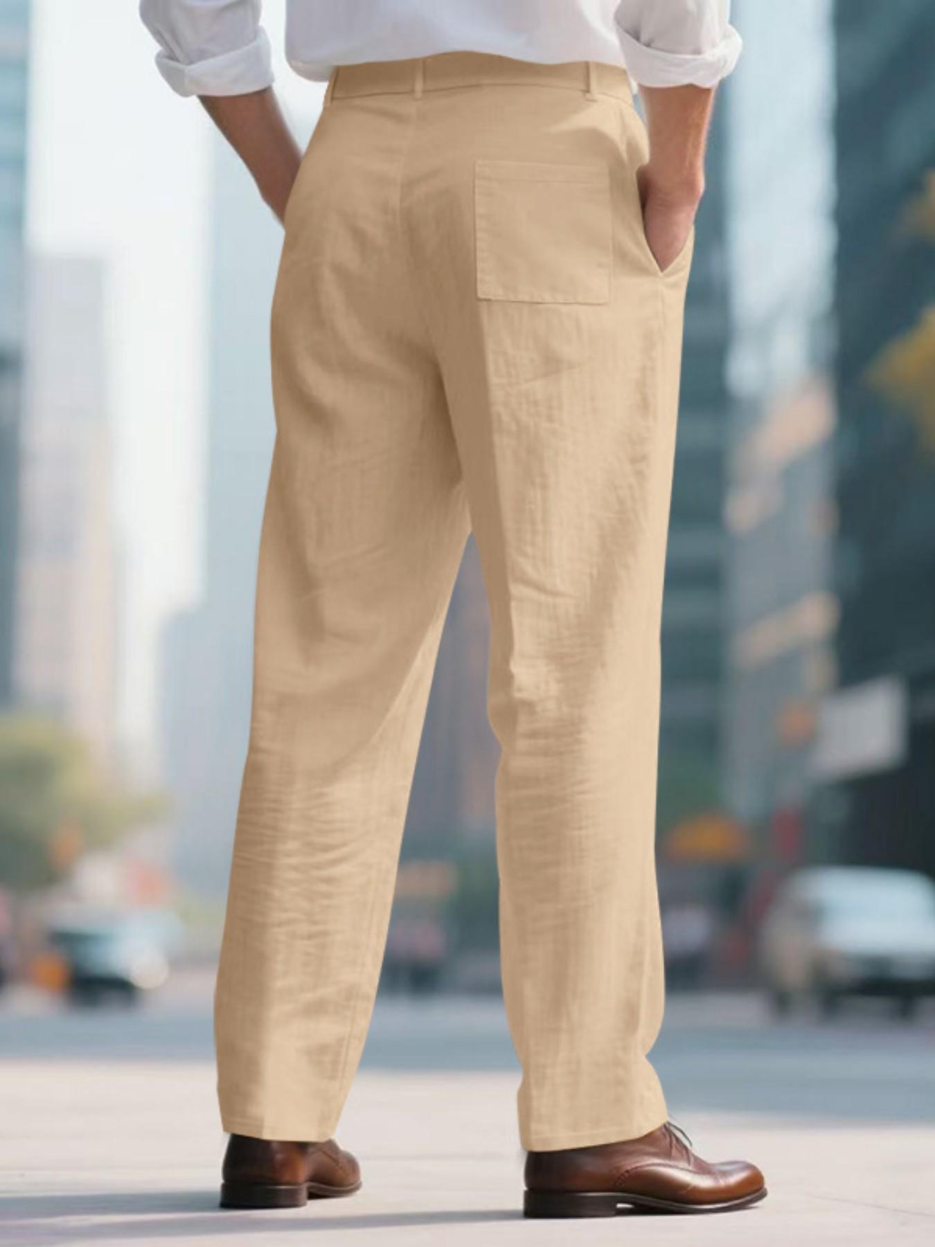 Men's Pleated Linen Breathable Straight Leg Casual Comfy Trouser, Single Button Front, Loose Fit, Relaxed Fit, Beach Vacation, Business, Solid Color, Multicolor