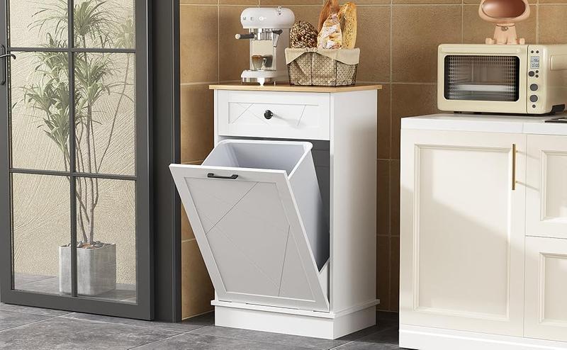 Vabches Trash Cabinet Trash Can, Dog Proof Tilt Out Trash Bin Holder, Free Standing Recycling Cabinet with 2 Drawers for Kitchen Living Room