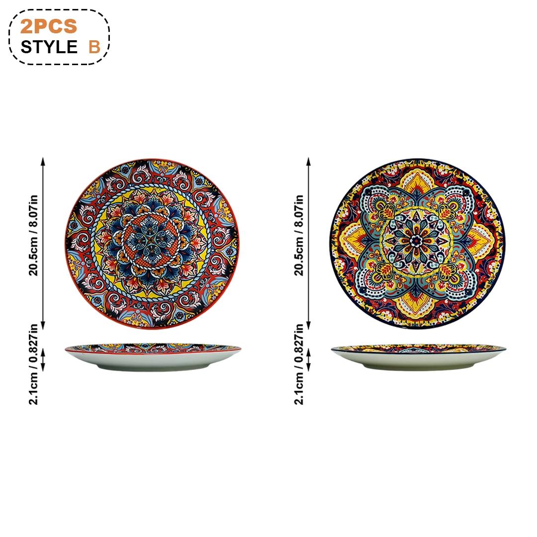 2-Piece 8.07-Inch Ceramic Plate Set, Boho Style Kitchen Diningware, Creative Home Tableware, Fruit Bowl, Steak Plate, Shallow Round Plates