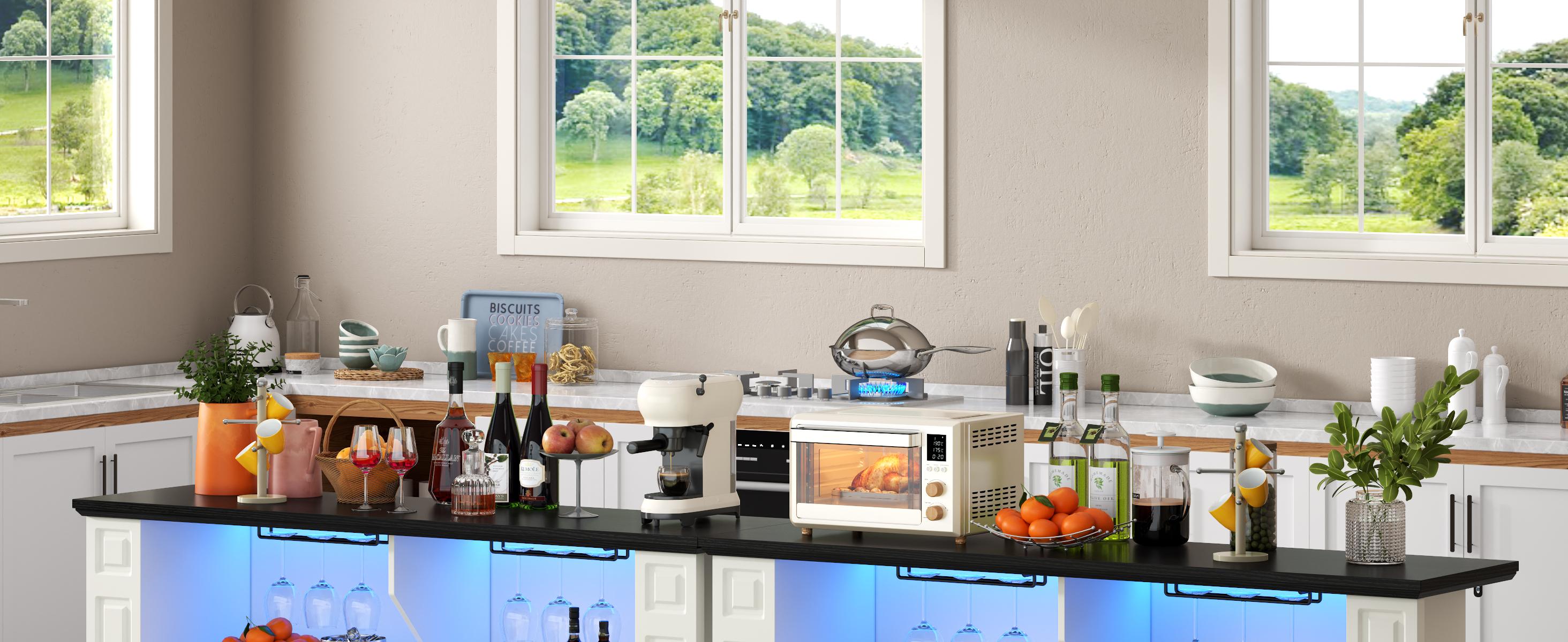 Liquor Cabinet with LED Light, Kitchen Coffee Bar Cabinet with Glass Rack and Removable Wine Racks, Wine Bar Cabinet with Glass Door, Home Bar with Storage