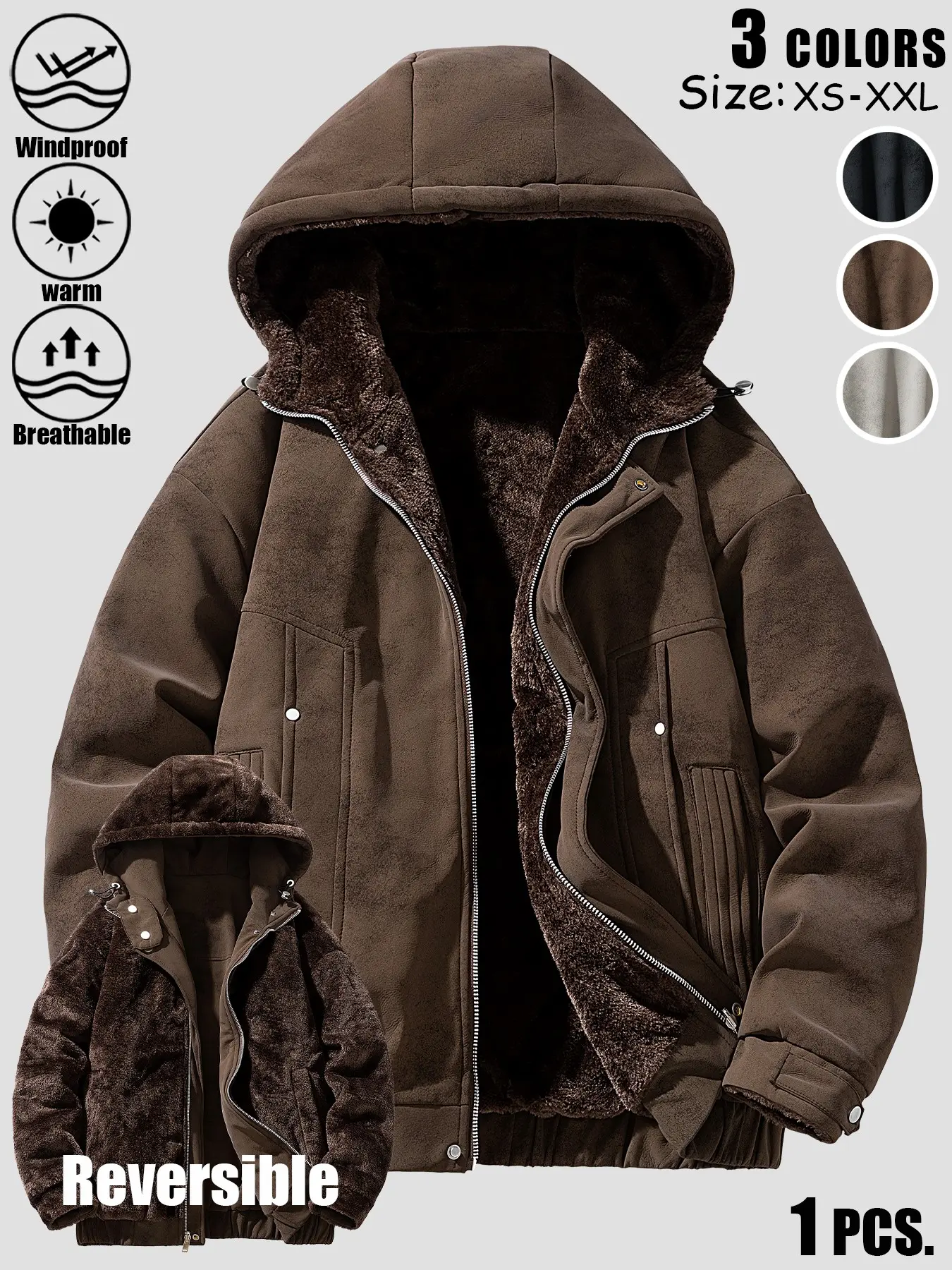 Men's Casual Reversible Fleece-Lined Hooded Aviator Jacket – Windproof Warm Breathable Full-Zip Snap Button Faux Fur Coat with Side Pockets & Adjustable Hood Cuffs, 3 Colors for Commuting Hiking Fishing & Outdoor