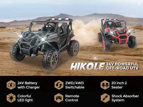 Hikole 24V Kids Ride-On UTV ,2 Seater, Remote Control, 4×200W Motors, Music & Lights,4 Wheels Spring Suspension Rechargeable Car kids stuff for boys