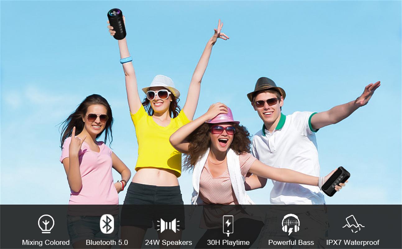 【Ortizan】IPX7 Waterproof, 24W Stereo, HD noise reduction Wireless Stereo Pairing, 30H Play Time (Black)x10 Audio Speakers Smartphone