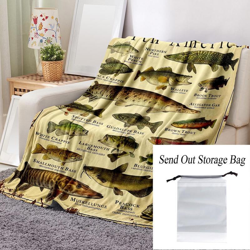 Fish or Dinosaur Pattern Flannel Blanket, 1 CountSoft Throw Blanket with Storage Bag, HalloweenDecor Bedroom Accessories, Travel Essentials,Napping Blanket for Sofa, Bed, Couch, Travel, FallDecor, Halloween Decorations 2024