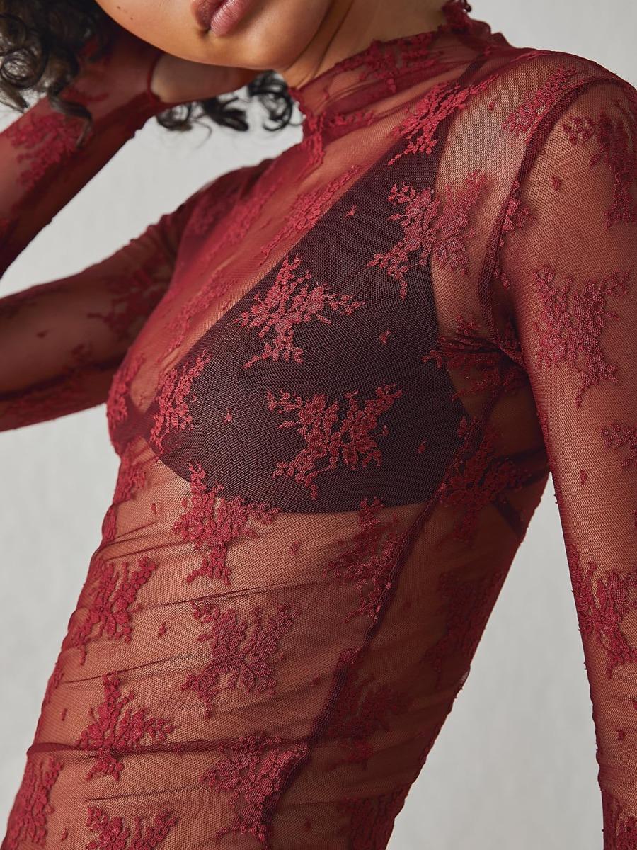 Women's Floral Layering Lace Tops With Thumb Hole, Mesh See Through Slim Shirt All Seasons, Micro Elasticity Long Sleeve Mock Neck Sxy Style