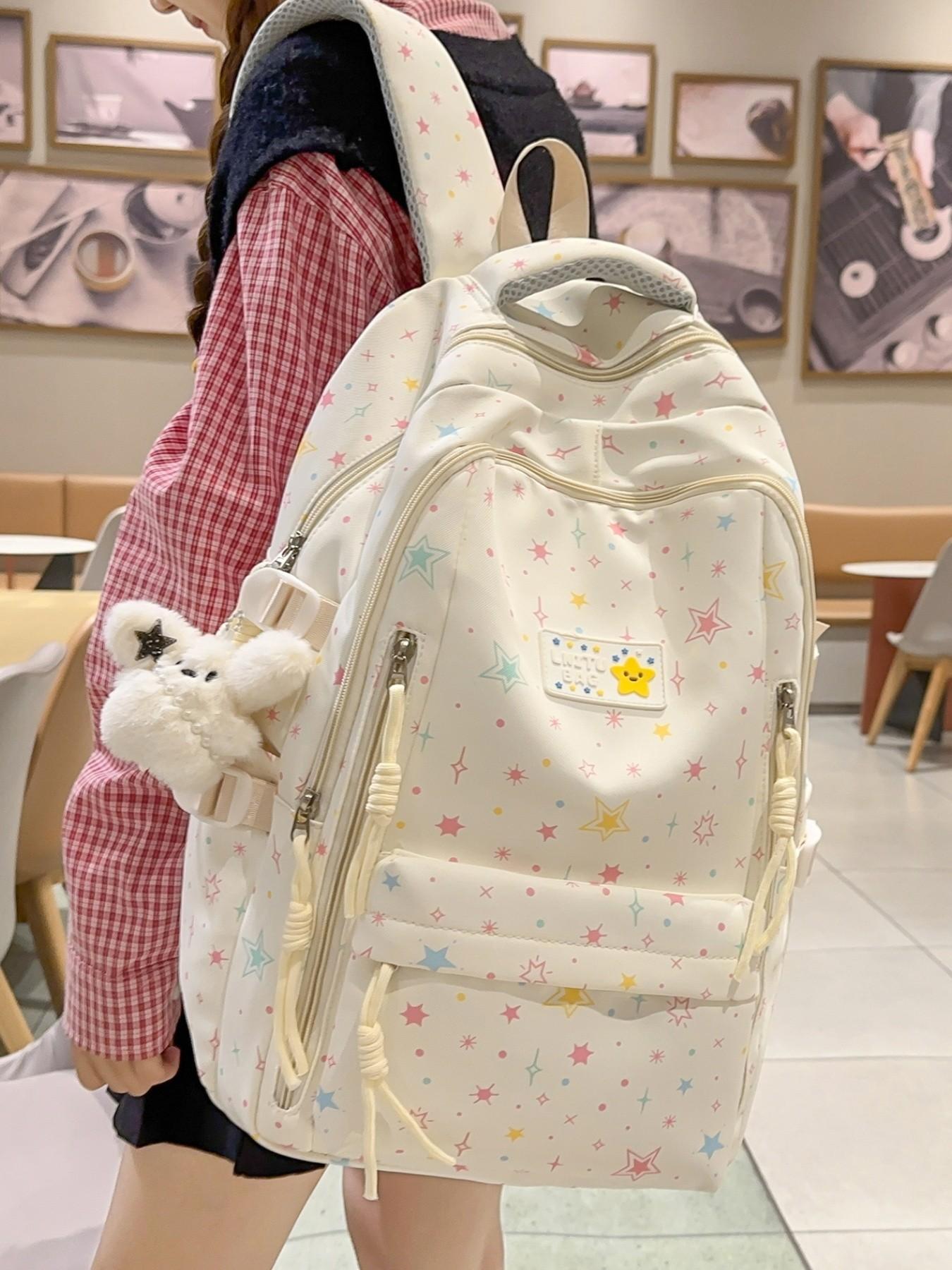 2026 New Cute Waterproof Fashion Star Pattern Backpack, High School Student Book Bag, Large Capacity Dual Shoulder Bag with Charm