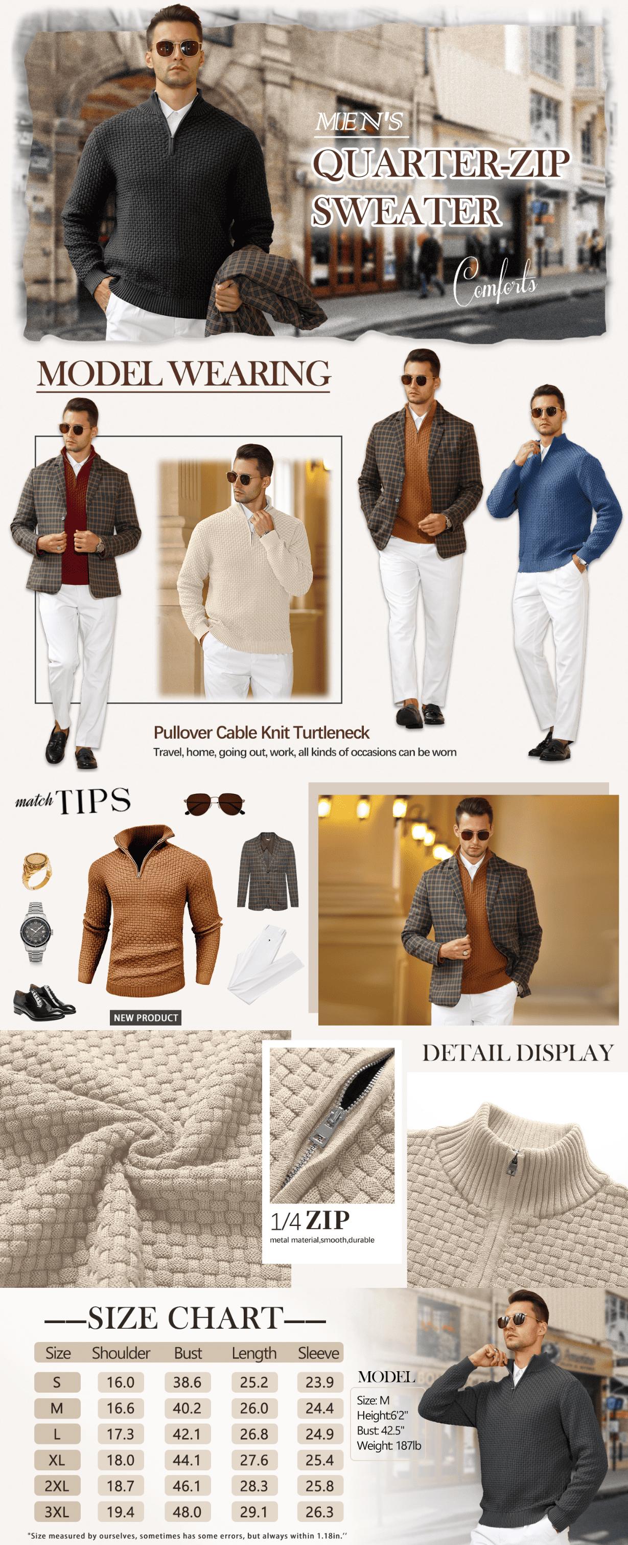 Zaitun Men’s Cable Knit Quarter-Zip Sweater – Warm Turtleneck Pullover with Zip Collar – Perfect Layer for Cold Days, Casual Fridays & Timeless Everyday Style TikTokShopBlackFriday Christmas gift