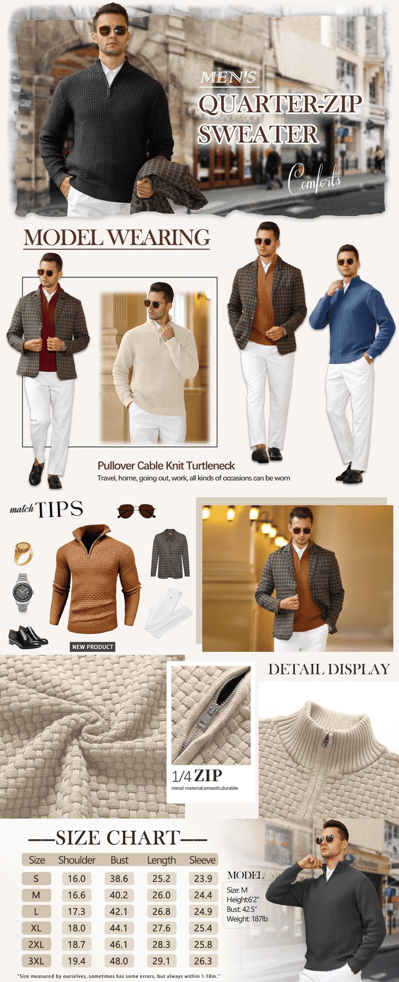 Zaitun Men’s Cable Knit Quarter-Zip Sweater – Warm Turtleneck Pullover with Zip Collar – Perfect Layer for Cold Days, Casual Fridays & Timeless Everyday Style TikTokShopBlackFriday Christmas gift