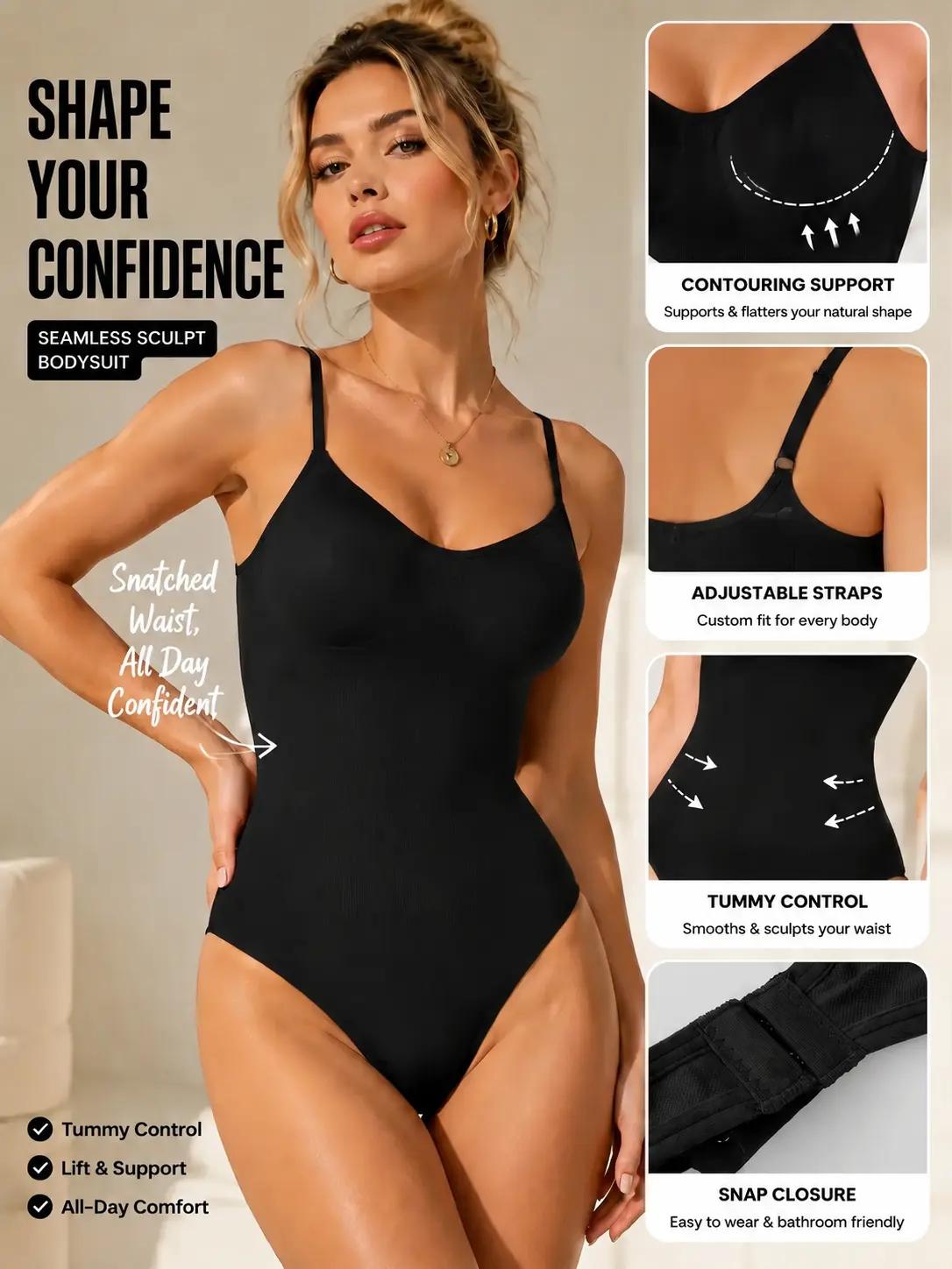 Women's adjustable strap bodysuit shapewear, Under dress shapewear, seamless stretch sculpting wear, tummy control waist trainer, butt lifting shaping lingerie, breathable smooth base layer, curve enhancing design, perfect for daily wear and fitness
