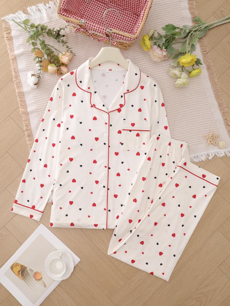 Two-piece Set Women's Heart/ Strawberry Print Pajama Set, Casual Comfy Long Sleeve Lapel Collar Top & Pants Pj Set, Ladies Sleepwear for Spring & Fall