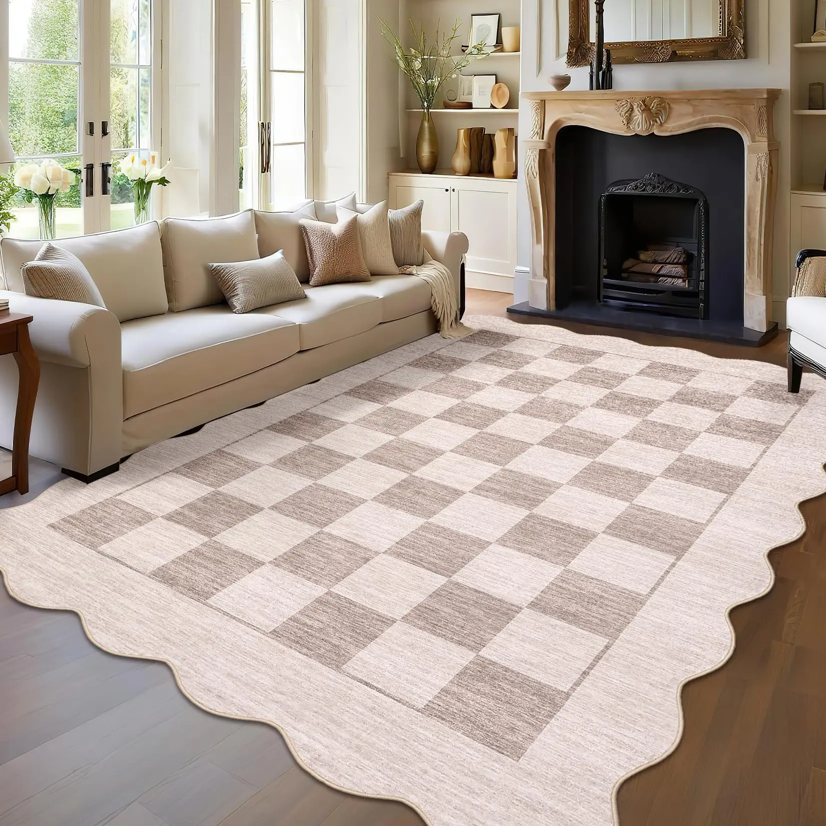 Scalloped Checkerboard Rug 8x10 Ft – Non-Slip Soft Suede Mat for Living Room & Bedroom, Machine Washable, Black & White