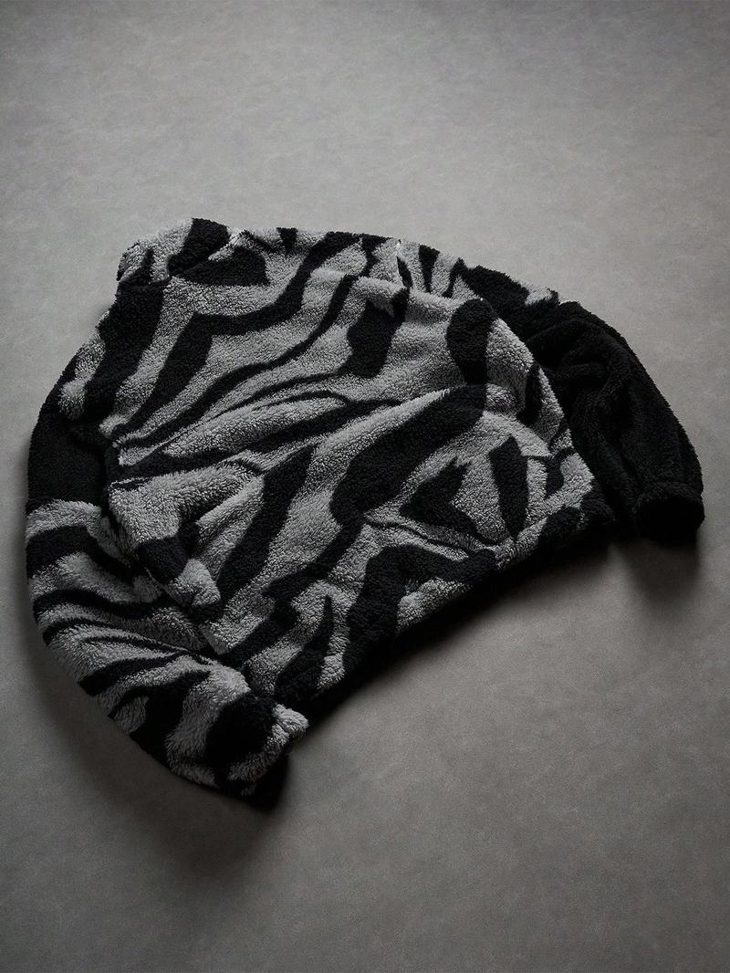 Men's Loose Tribal Pattern Fleece Jacket, Warm Thick Lamb Fur Coat, Camo Print, High Neck Full Zip Outerwear, Winter Street Style