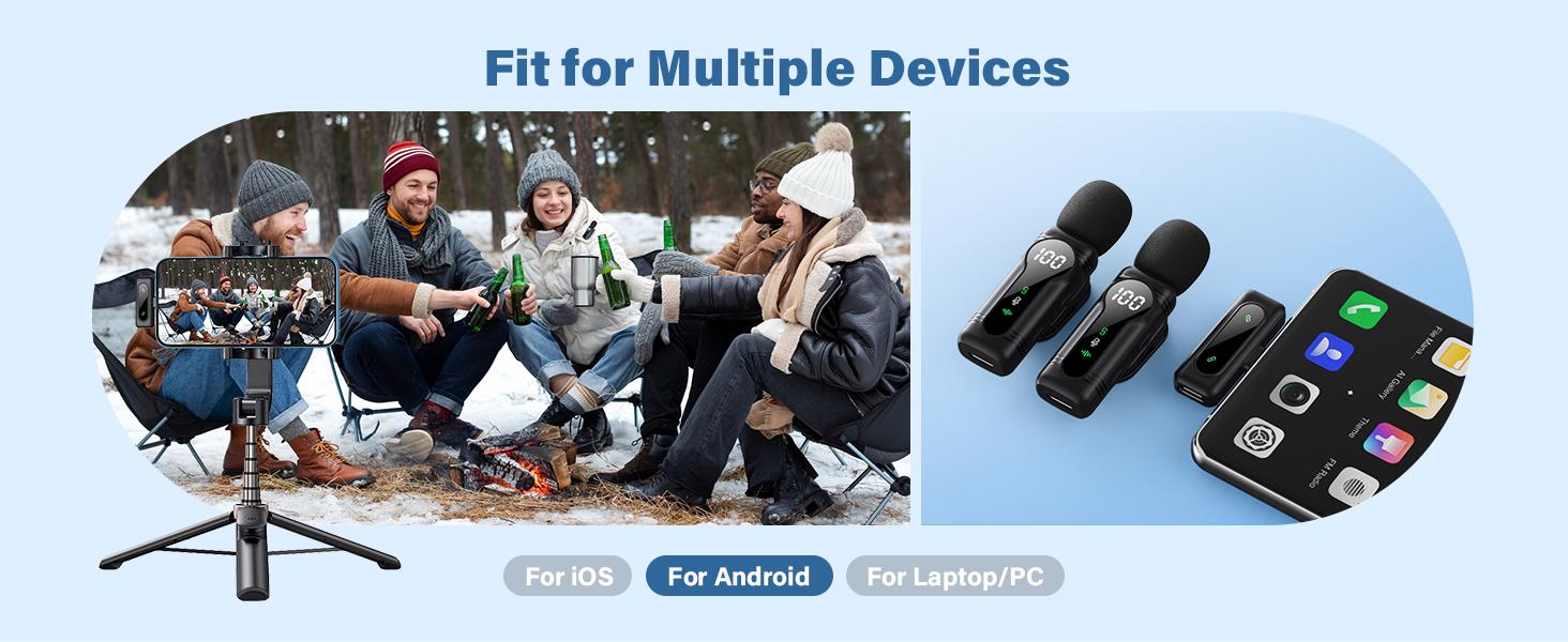 PQRQP Wireless Lavalier Microphone Dual Set – Plug & Play Clip-on Mic with Auto Pairing, Magnetic Mount, Noise Cancelling with LED display for iPhone, Android, USB-C Devices,Vlog & Video Recording