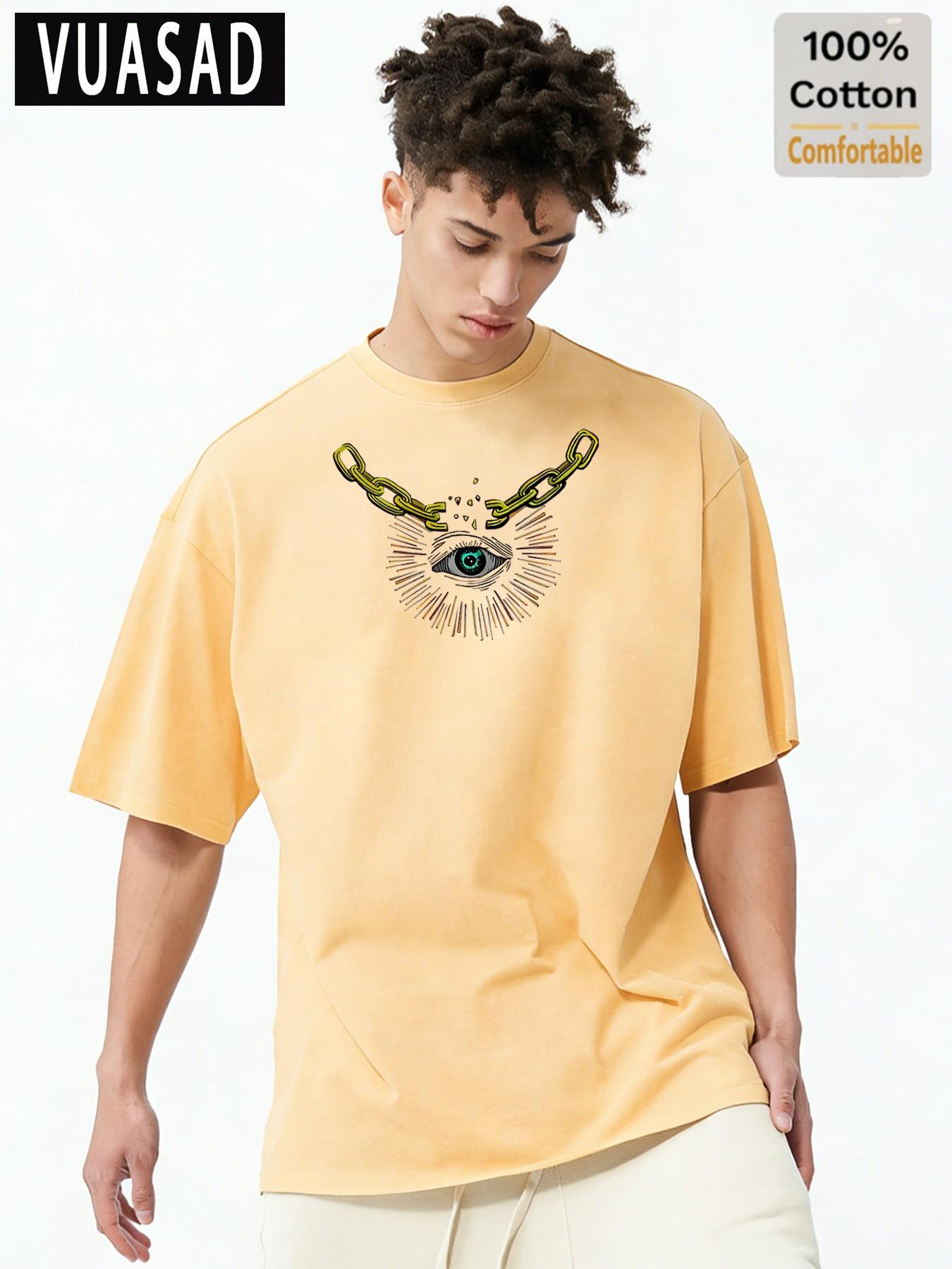 American Street Style Mystery Element Short Sleeve T-Shirt for Men, 100% Pure Cotton, Loose Fit, Casual Commuter Top, Long Length