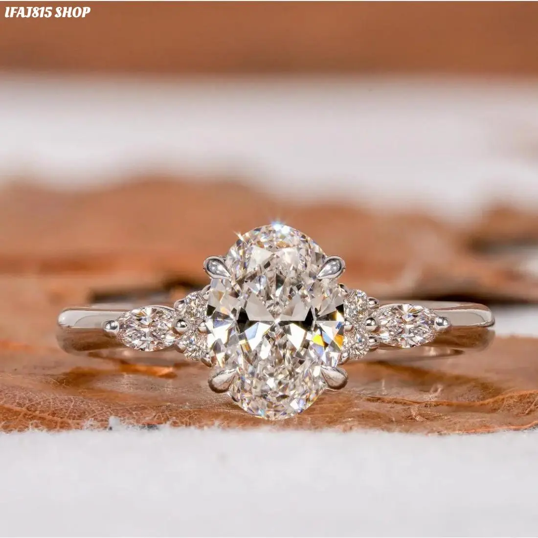 Fashion Ring Oval Cut Crystal Three Stone Ring Silver Plated Vintage Statement Ring with Marquise Side Stones Classic Sparkle Jewelry for Women Promise Anniversary Gift