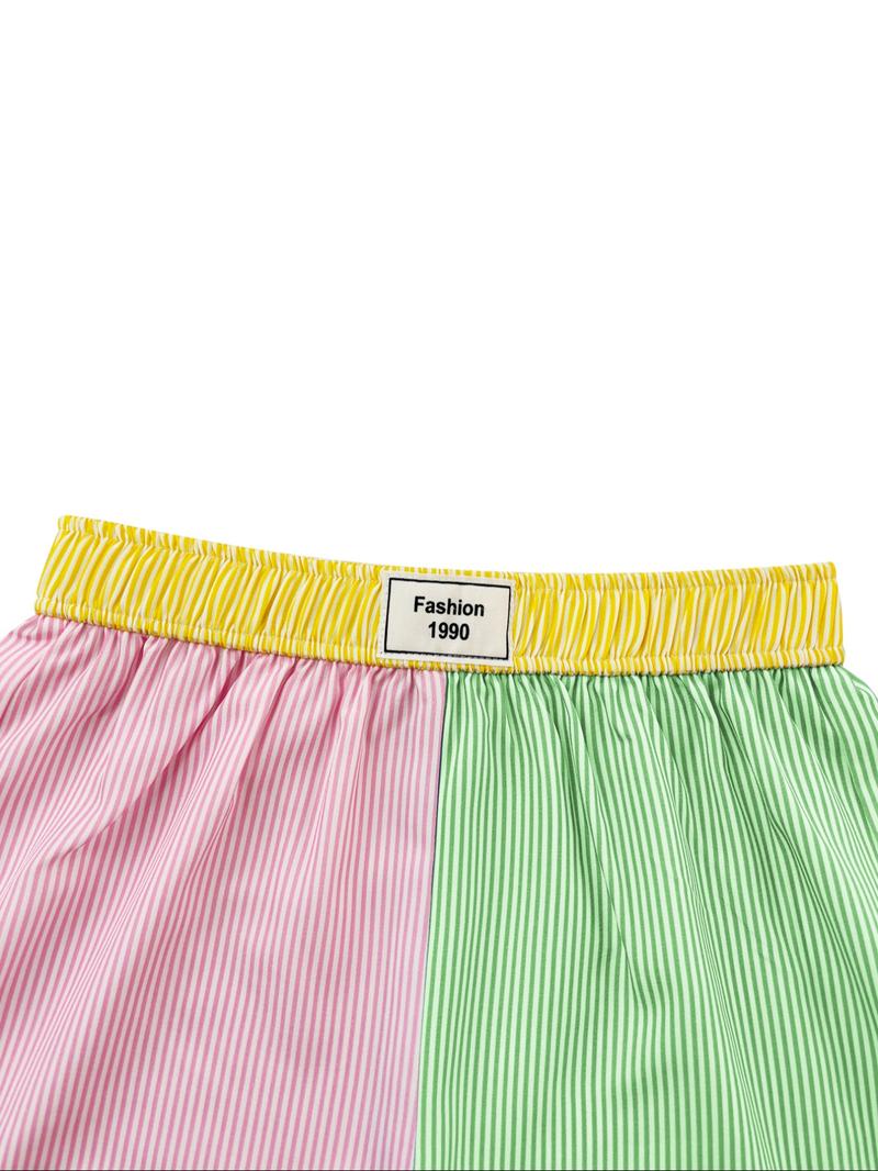 Women's Patchwork & Striped Print Elastic Waist Shorts, Casual Letter Patched Shorts, Women's Bottoms for Daily Wear