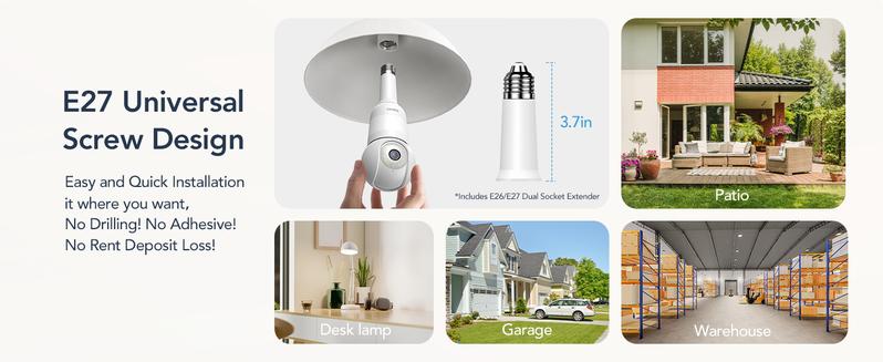 GNCC Light Bulb Camera, 2K HDR Security Camera, Indoor/Outdoor Cam with Color Night Vision and Infrared, 360 Pan Tilt Cameras for home, 2.4G WiFi Wireless, Double Lighting, Motion Detection, Two-way Audio Works with Alexa & Google Assistant