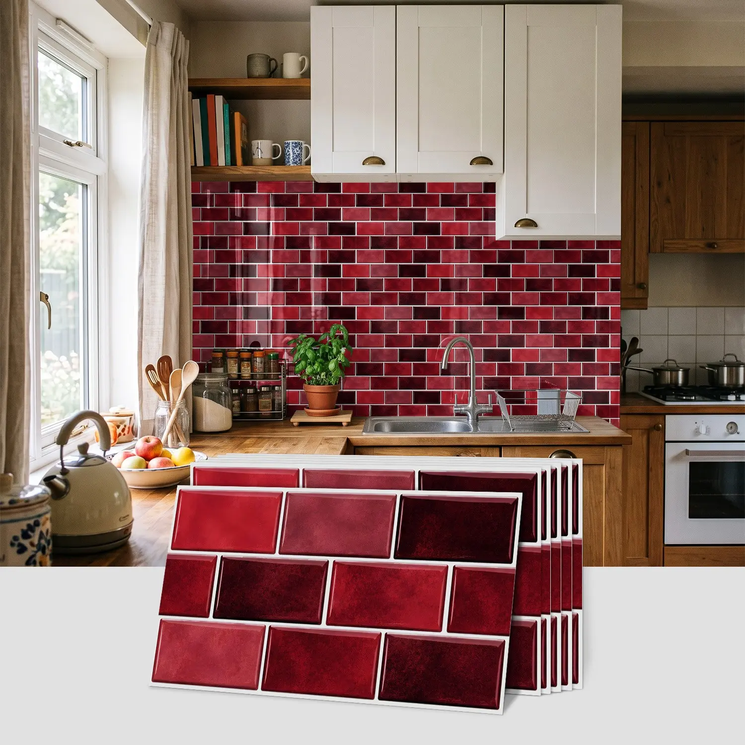 6pcs/12pcs/24pcs Vintage Red Subway Tile Self-Adhesive Wall Stickers, Waterproof Easy-to-Install Self-hesive Red Brick Texture Stickers, Suitable for Kitchen Backsplash, Bathroom, and Home Wall Decoration