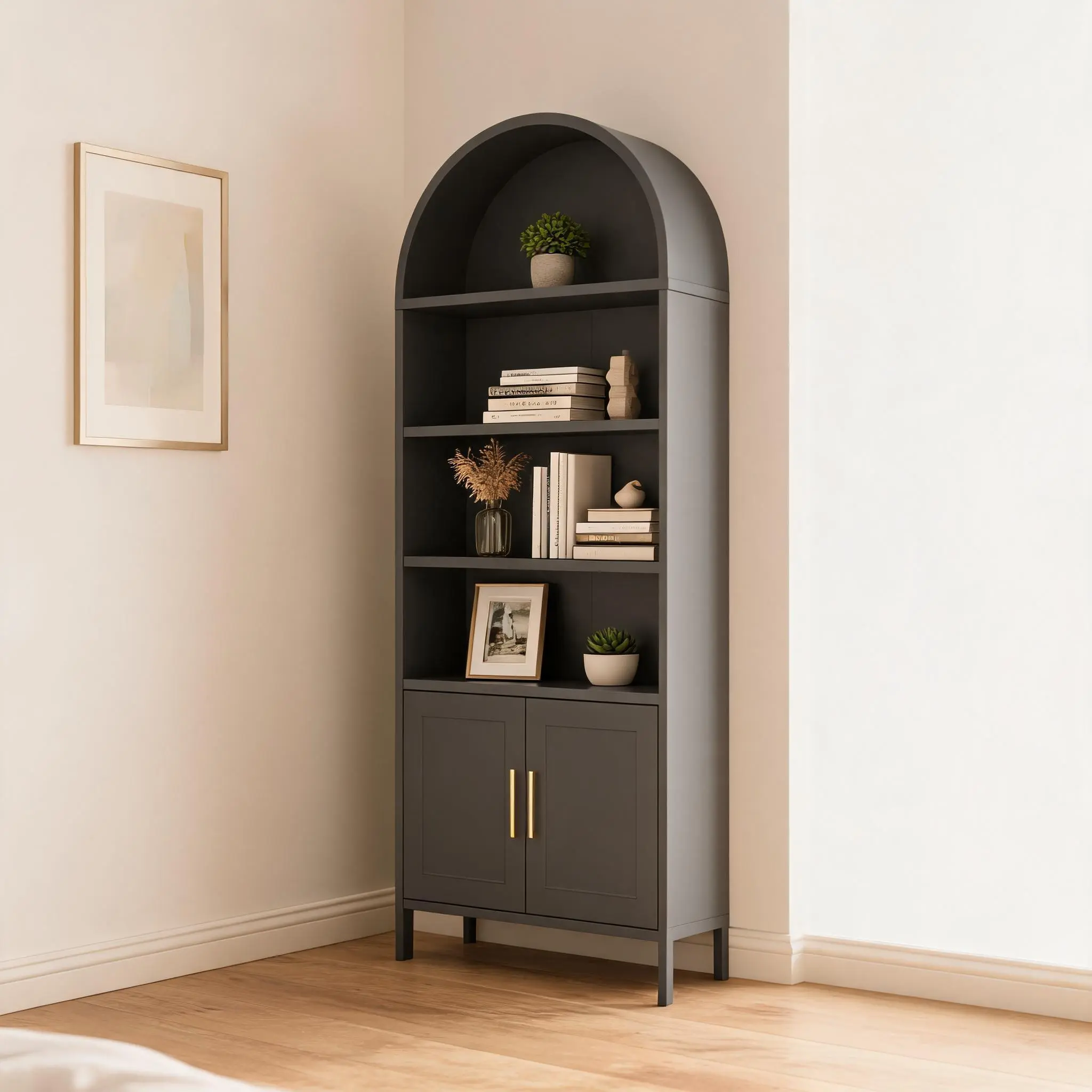 73-Inch Tall Modern Farmhouse Storage Cabinet - 5-Tier Arched Top Bookshelf with Adjustable Shelves, Sturdy Black Steel Frame, Multi-Purpose Display Unit for Living Room, Home Office