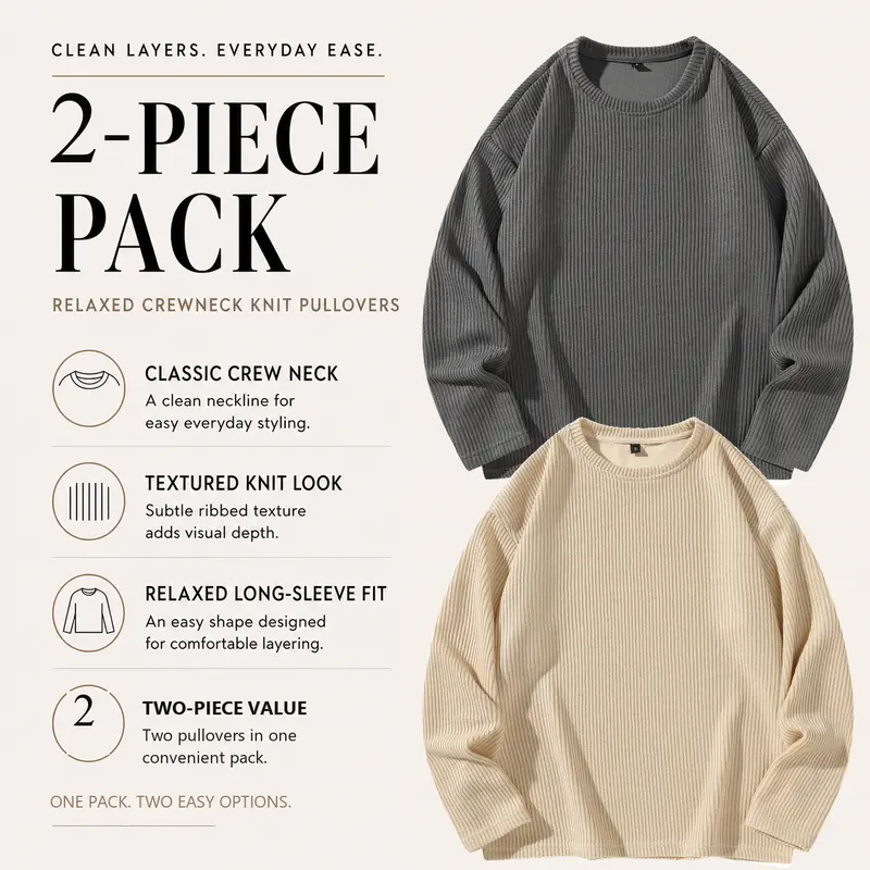 Men's Oversized Crew Neck Ribbed Knit Pullover Sweater, 2-Pack Mixed Assorted Colors, Long Sleeve Textured Knit Top, Sizes S-XXL, Everyday Casual Layering Multipack, New Template 006