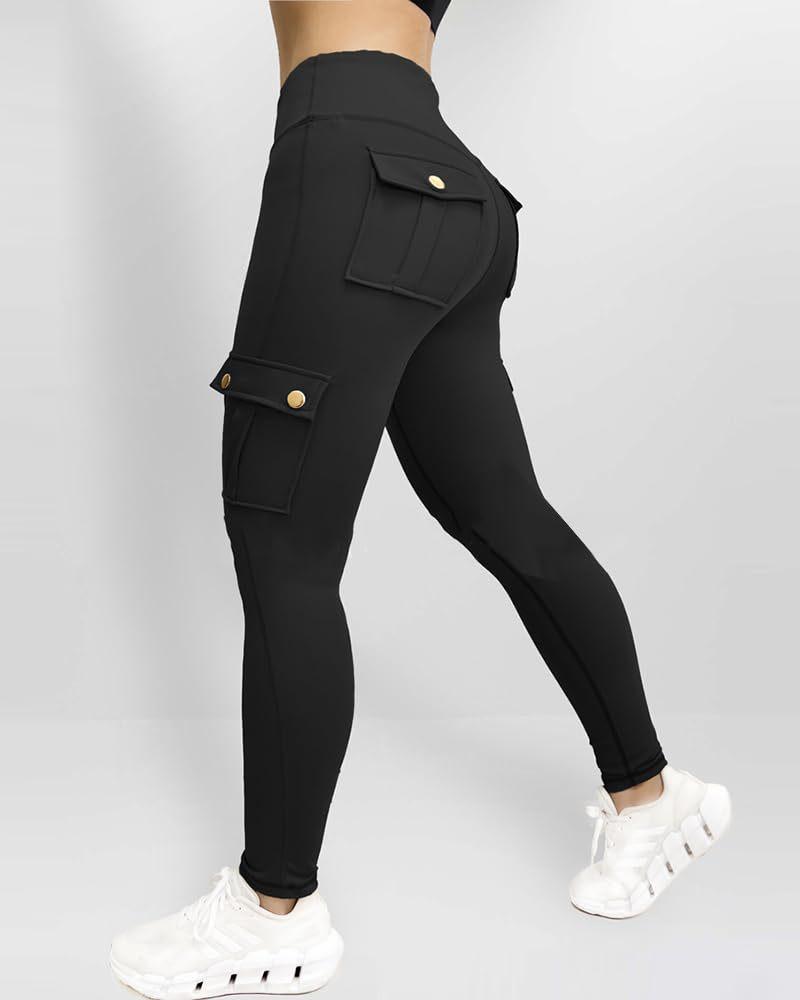 Women Cargo Pocket High Waist Leggings, Stretch Slim Fit Workout Pants, Casual Athletic Running Fitness Trousers