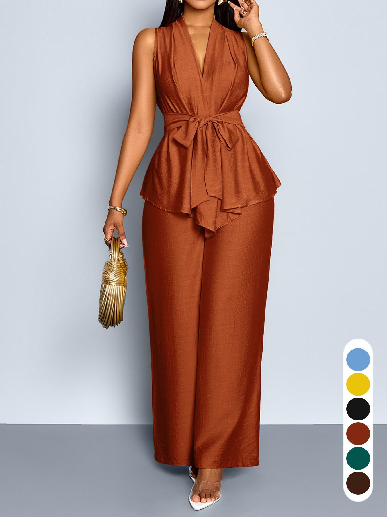 Two-Piece Summer Casual Chic Women's Deep V Neck Sleeveless Belted Top & High Waist Wide Leg Pants Set for Outing, Office and Date Night