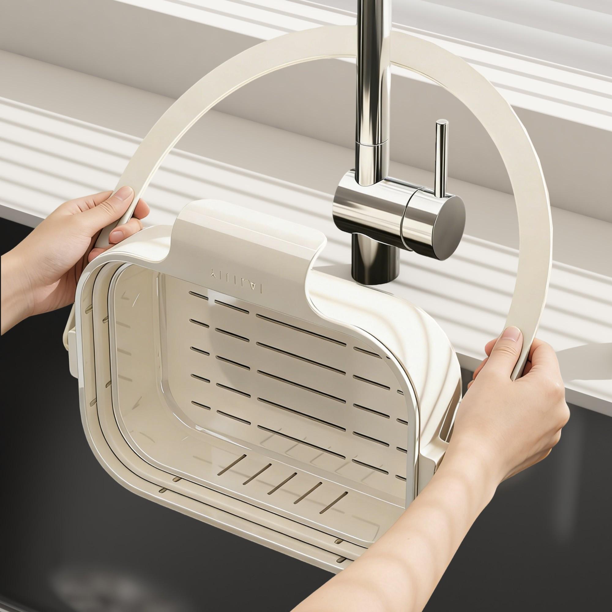 Foldable Adjustable Draining Basket, Keep Kitchen Counter Dry, Vegetable Washing Filter, Plastic Food Filter Accessory