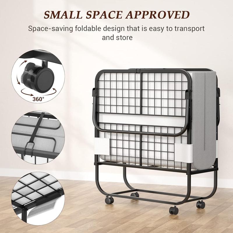Folding Bed with Mattress, Portable Foldable Bed with Storage Cover, Rollaway Bed for Adults with Memory Foam Mattress and Metal Frame