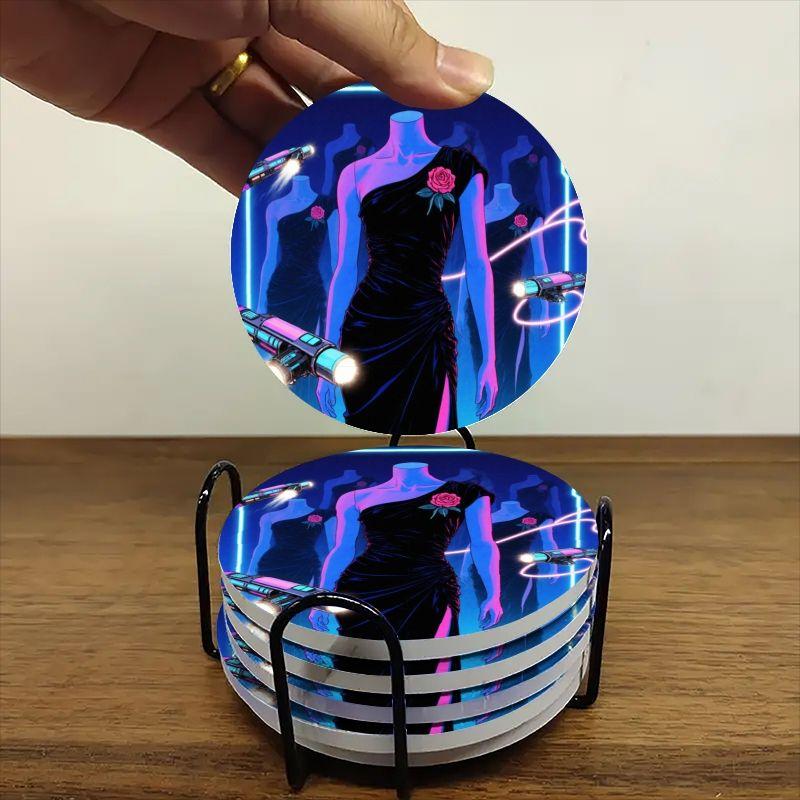 6-piece ceramic coaster set, futuristic theme: black off-the-shoulder dress with neon guns, heat-resistant and non-slip coasters with holders, perfect for home, dining, and as beverage mats.
