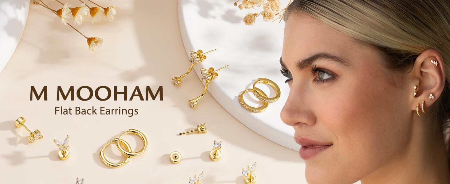 Flat Back Earrings Stack for Women, Hypoallergenic 14K Gold-Plated Flatback Stud Hoop Cartilage Earring Set Trendy Multiple Conch Tragus Helix Piercing Jewelry Gifts
