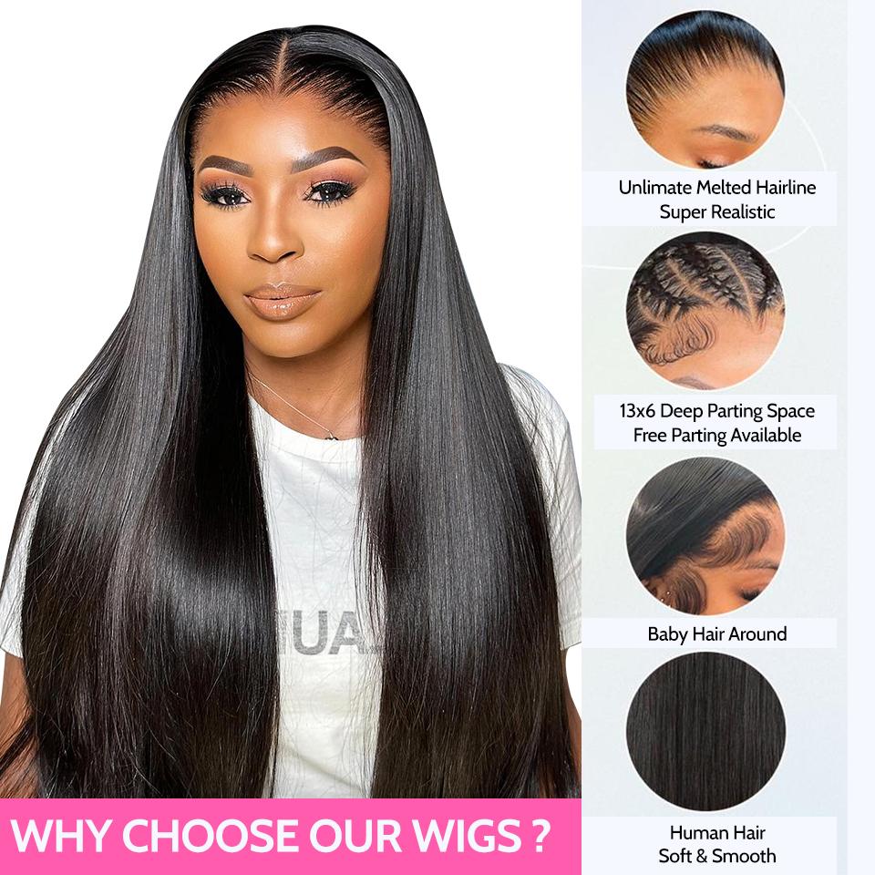 Yawawe Hair 28/30inch 13x6 Lace Frontal Wigs human hair 7x5 Wear Go Glueless Wigs Natural Black Straight lace front human hair wig For Women Medium Size Cap Pre-plucked Pre-bleached Transparent Lace Wigs With Baby Hair Customizable