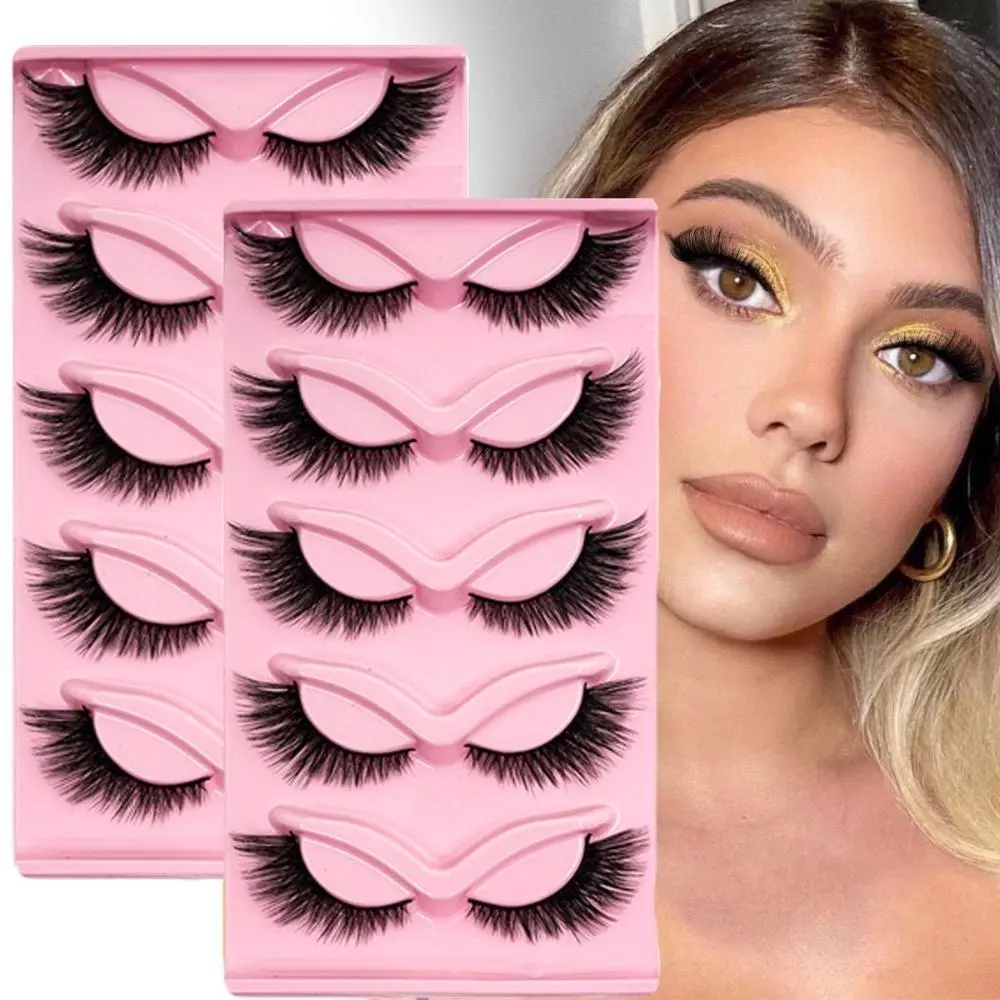 5 Pairs Fox Eye Slanted Lift False Eyelashes Set, Natural One-Piece Black Band Cat Eye Lashes, Winged Lash Strips for Daily Casual & Glam Eye Makeup