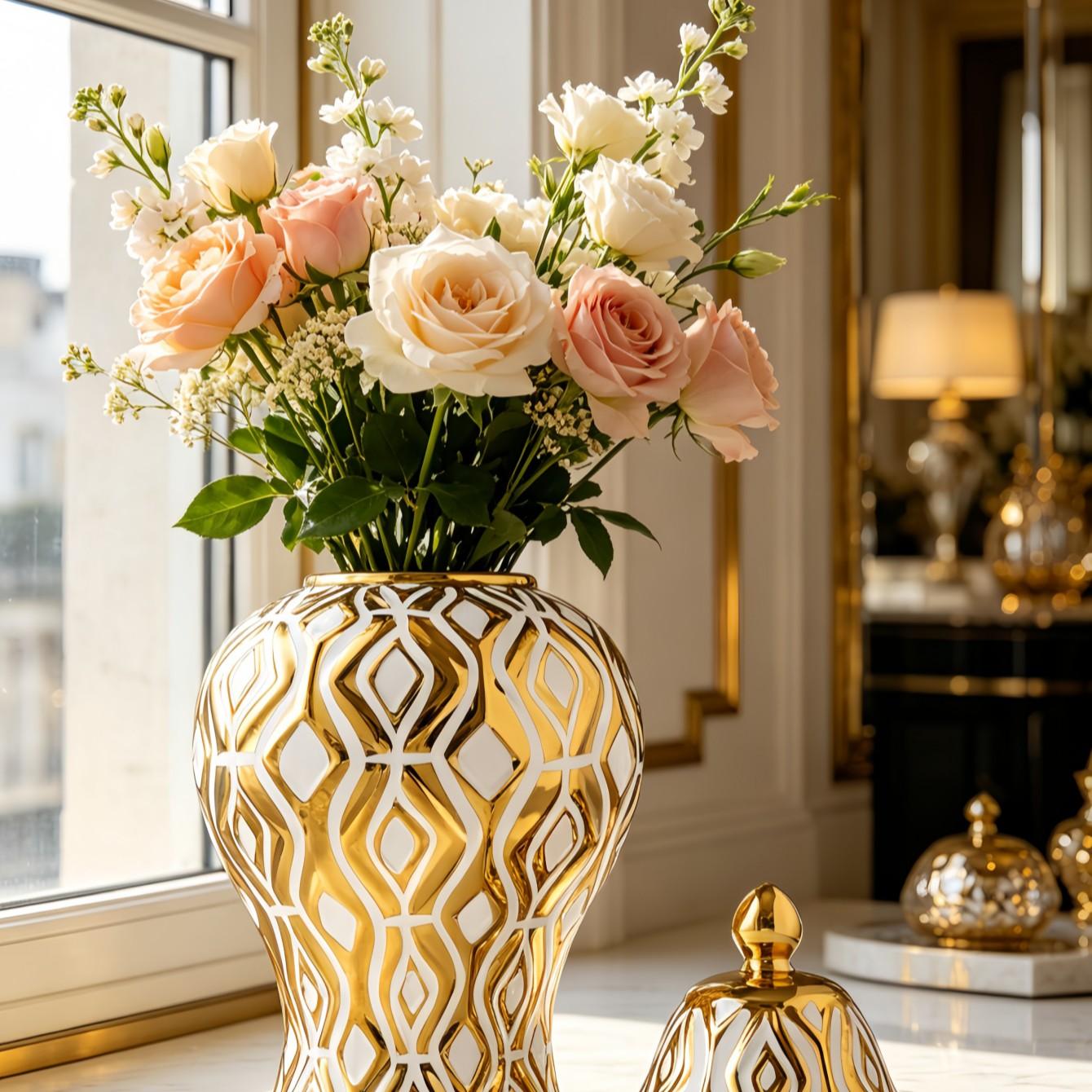 Contemporary Filigree Ceramic Vase, Large Textured Decor Jar, Luxury Modern Home Decor Ornament for Office & Entryway