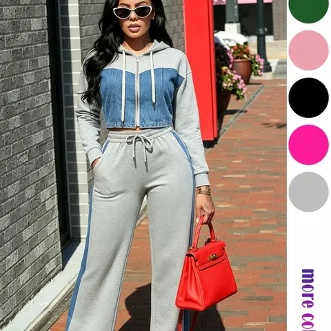 Women's Patchwork Hooded Matching Set, Cropped Zipper Hoodie & High-Waisted Wide-Leg Pants, Casual Two-Piece for Commute, Home, Parties & Travel